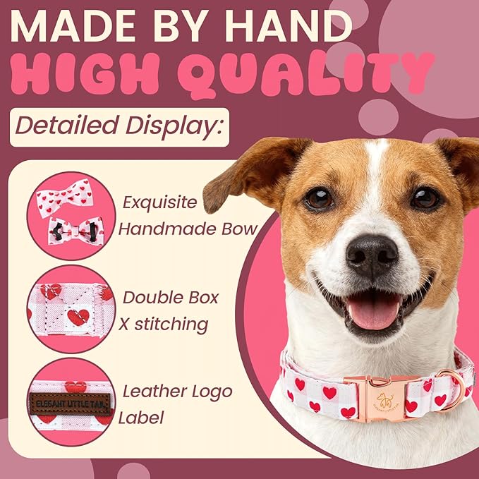 Elegant little tail Valentine's Dog Collar - Pink Plaid Red Heart Dog Collars Bowtie Pet Collars with Sturdy Metal Buckle Cute Puppy Adjustable Collar for Medium Dogs