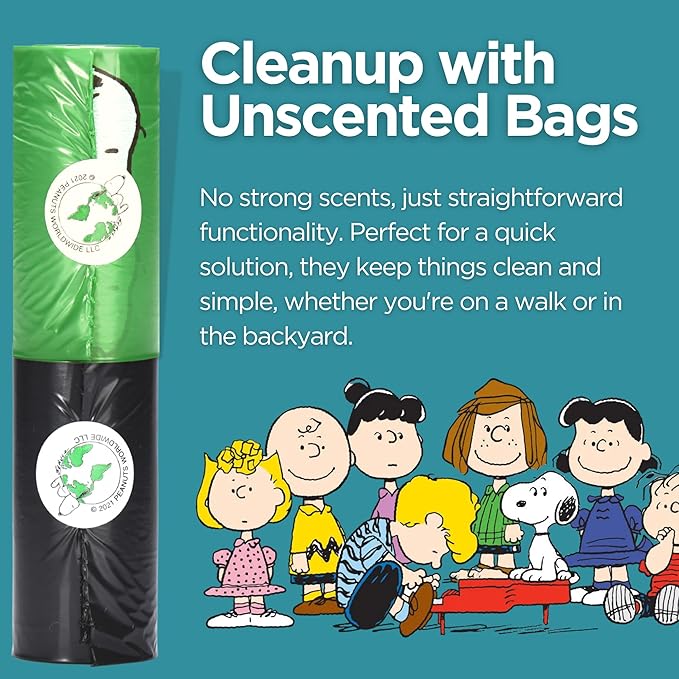 The Original Poop Bags® 38% USDA Biobased Pet Waste Bags, Peanuts Design, Leak-Resistant & Durable Leash Rolls, Black/Green, 60 Count