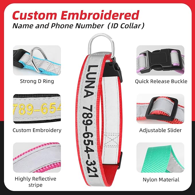 Personalized Dog Collar with Name & Phone Number, Custom Embroidered Reflective Collar for Dogs, Adjustable XS S M L Size with Quick Release Buckle, Durable Nylon (Solid with Reflective Strip)
