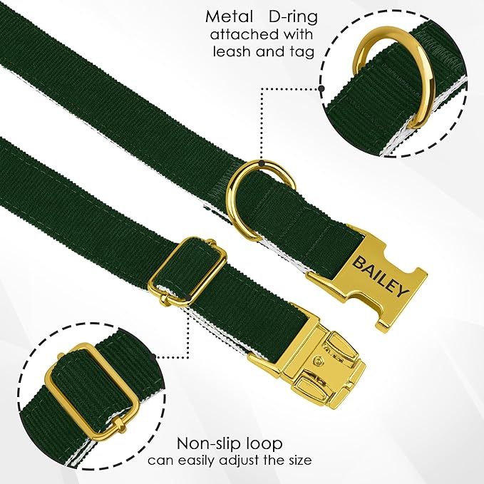 Personalized Dog Collar with Gold Metal Buckle, Velvet Custom Dog Collars for Small, Medium & Large Dogs – Puppy Collars with Metal Buckle, 4 Sizes, 8 Colors (Green, S, 9"-12")