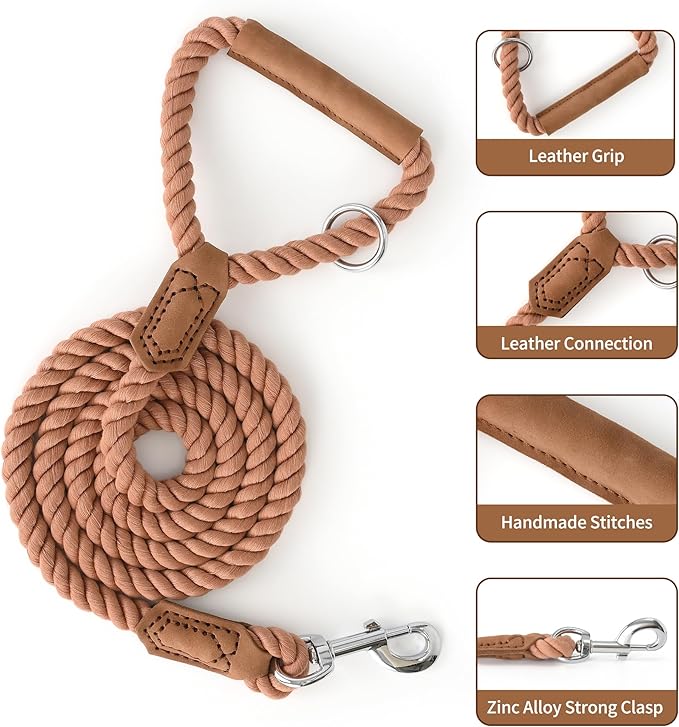 Mile High Life Dog Leash, Braided Cotton Rope Leashes with Leather Handle - Heavy Duty Metal Clasp, 5FT, 1/2" Thick - Wedding, Walking & Training Leash for Small Medium Large Dogs (Mocha Mousse)
