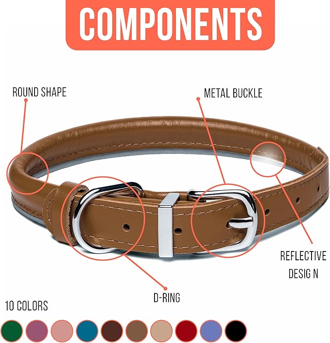 OOPSDOGGY Rolled Leather Dog Collar Reflective Roll Collars for Small Medium Large Dogs Puppy (Caramel, M, 12''- 15'')