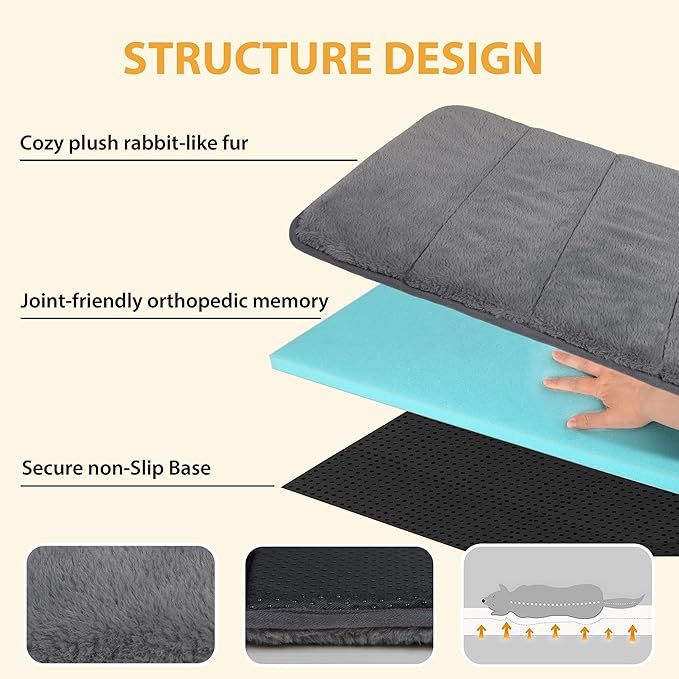 Dog Crate Pad for Small Dogs - 24x18 Memory Foam Dog Bed, Washable & Anti-Slip Dog Bed Mat, Ultra Soft Kennel Pad for Dogs Cozy Sleeping Mat, Grey