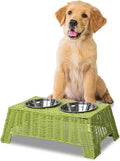 DBL4000Y Serenity 6.9" Small/Medium Elevated Wicker Pet Feeder with 18oz (2.2 Cups) 2-Stainless Steel Bowls, Light Green