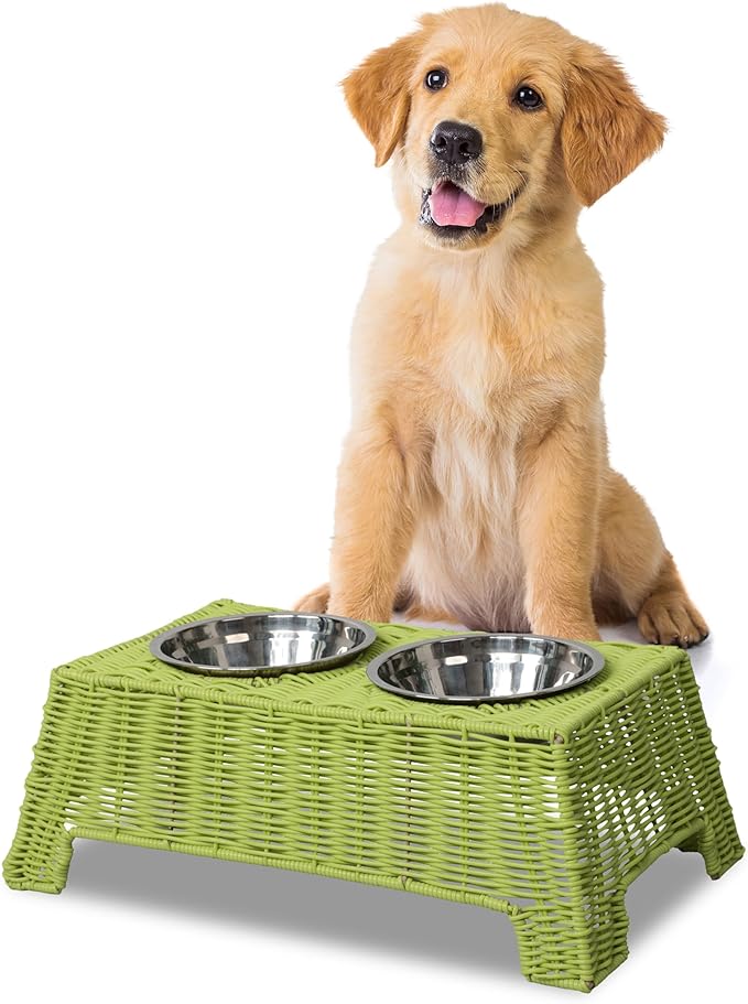 DBL4000Y Serenity 6.9" Small/Medium Elevated Wicker Pet Feeder with 18oz (2.2 Cups) 2-Stainless Steel Bowls, Light Green