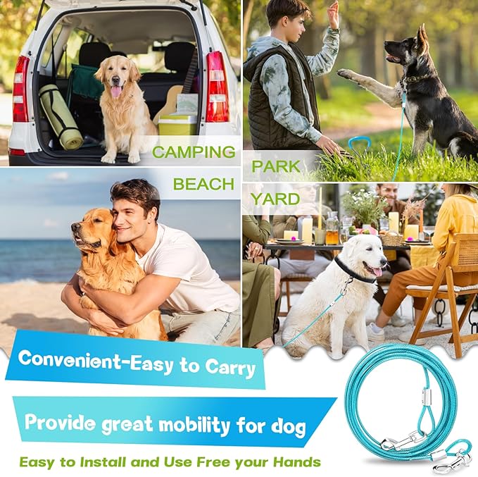 Supet Dog Tie Out Cable and Stake, Heavy Duty Runner with 32/16/10 FT Lead, Long Leash/Tether for Camping Backyard Outdoor Ground, Chain for Medium Large Dogs up to 125lbs