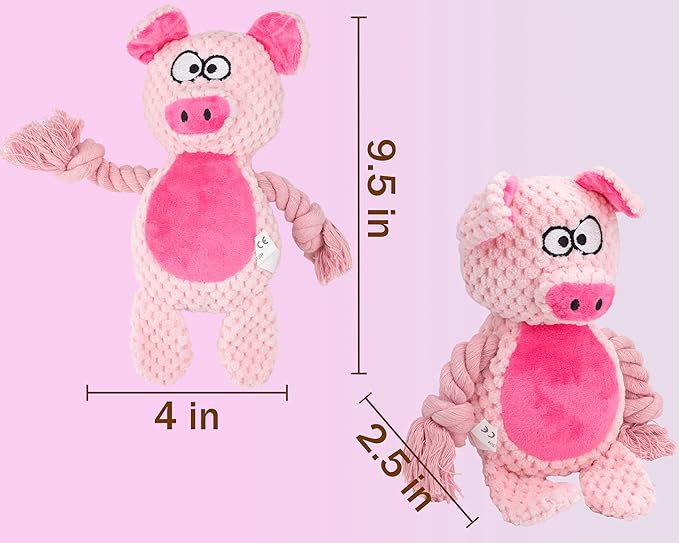 Dog Toy Squeaky Chewing Rope Stuffed Plush Animal with Crinkle Paper Interactive Soft Aggressive S-M-L Pets Gift Holiday Pink Pig