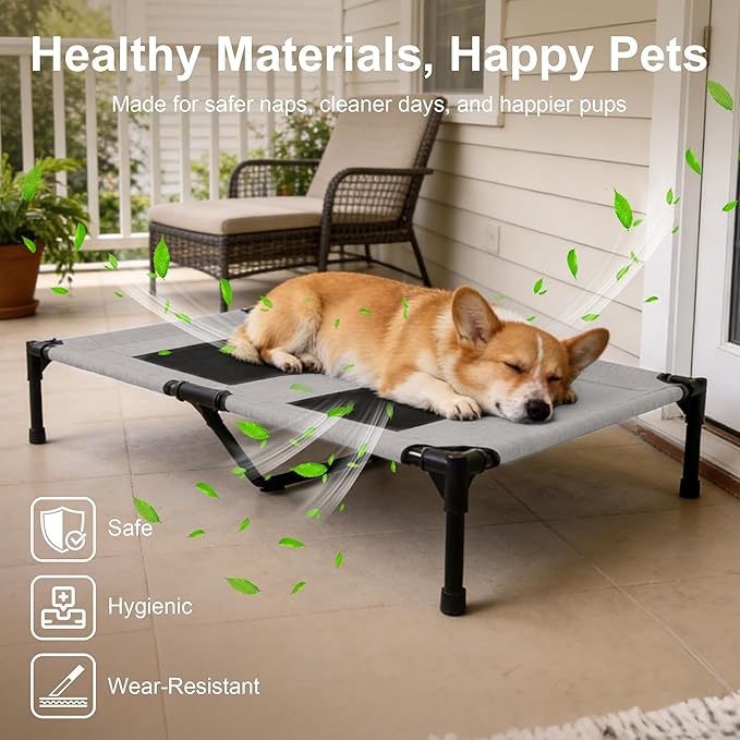 Dog Beds and Furniture, Raised Pet Cot for Medium and Large Dogs, Cooling Breathable Mesh, Durable Sturdy Frame, Washable Cover, Portable and Easy to Assemble Indoor/Outdoor Pet Bed, Grey, M