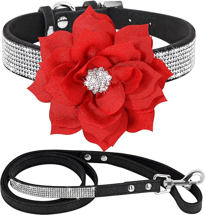 Cute Dazzling Sparkling Elegant Fancy Soft Suede Leather Bling Rhinestone Crystal Jeweled Pet Cat Dog Puppy Collar Dog Leash Combo Set (M(Neck 12.5-15"), Black-6)