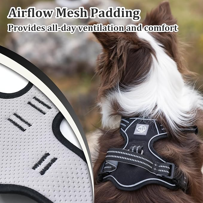 Padded Dog Harness with Handle, No Pull Reflective Oxford Vest, Adjustable Soft Chest Strap with Double Leash Rings for Large Breed Dogs (L, Black)