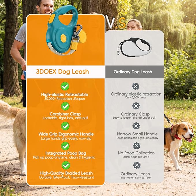 Retractable Dog Leash 16FT for Small & Medium Dogs, Sturdy Heavy-Duty Nylon Tape with Secure Locking Carabiner & Poop Bag Holder, Smooth One-Hand Control, Anti-Slip Handle, Tangle-Free Design (Green)
