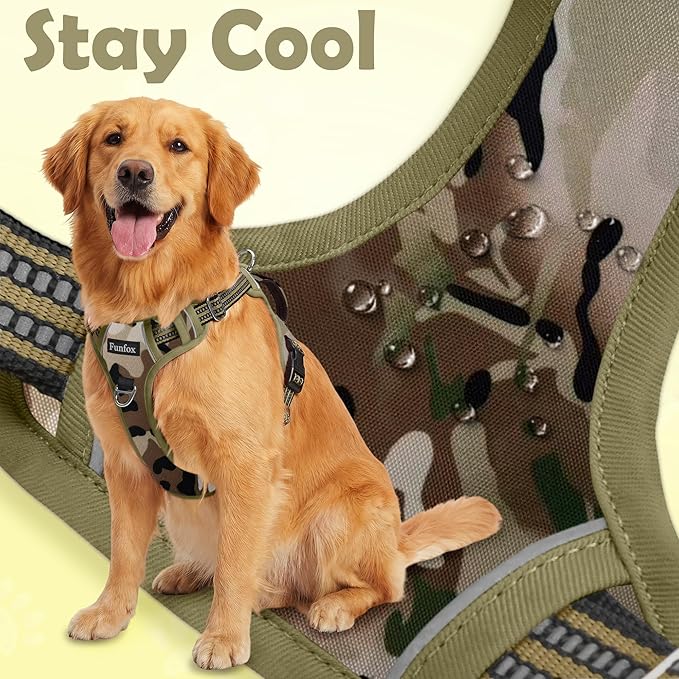 Funfox Dog Harness No Pull, Adjustable Pet Vest Harness, Super Soft Material with Vertical Handle Easy Control, Reflective Night Walking, 2 Leash Clips for Medium Sized Dogs, Camo Green, M