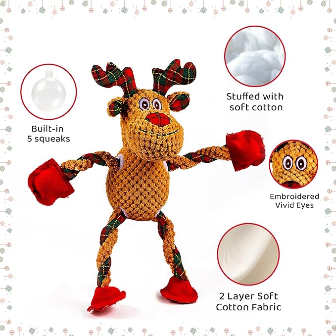 Christmas Dog Toys for Small Medium Large Dogs, Squeaky Plush Chew Toys with Squeaker & Crinkle - Tough Durable Lambchop Stuffed Animal, Puppy Stocking Stuffers (Deep Brown)