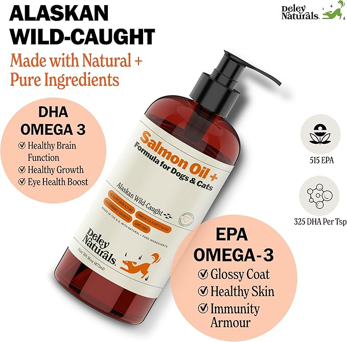 Deley Naturals Wild Alaskan Salmon Oil for Dogs & Cats - New and Improved Salmon Oil Plus Formula - Fish Oil for Dogs with Omega 3, DHA and EPA - Omega 3 for Healthy Skin and Coat - 16oz Made in USA