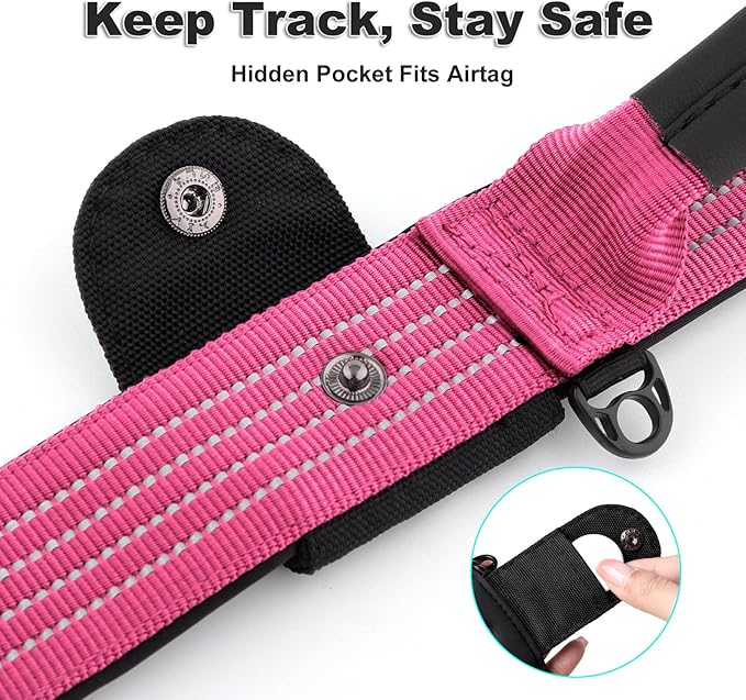 Plutus Pet Tactical Dog Collar with Tracker Pocket for AirTag, Adjustable Reflective Nylon Collar, Metal Buckle, Leather-Wrapped Handle, Soft Padded for Medium Large Dogs (Pink, M)
