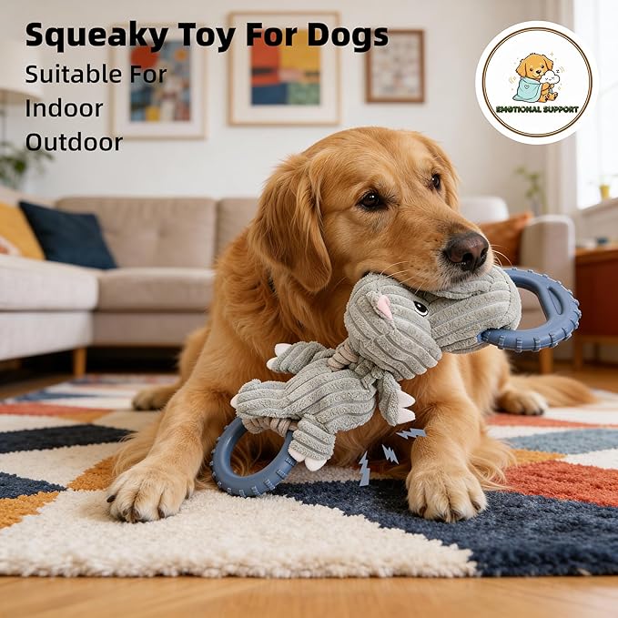 Corduroy Dog Chew Toy with Squeaker and Interactive Rubber Ring for Small Medium Large Breeds - Ideal for Tug of War and Fetch Play (Medium, Rhino)