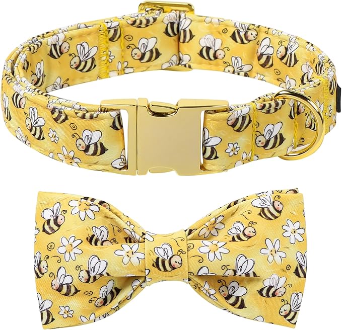 Lionet Paws Spring Dog Collar with Bow tie,Cute Summer Bees Yellow Dog Collar Bow Tie for Dogs Female, Small, Neck 10-16 inches