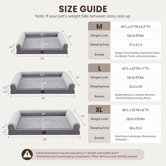 Large Dog Beds Large Sized Dogs, Orthopedic XXL XL Dog Bed for Medium Size Dogs, Big Waterproof Couch Sofa with Removable Washable Cover for Pet, Light Grey, 36"*27"*6.5"