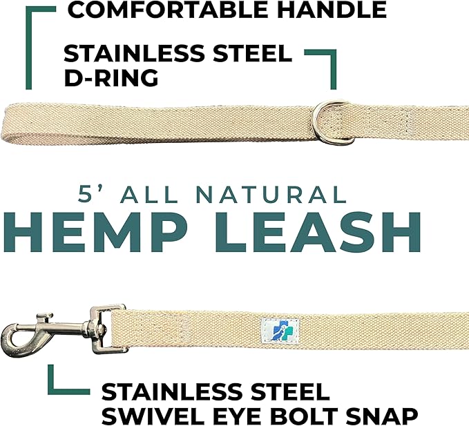 VetGen Wellness 5' All Natural Hemp Fabric Leash for Dogs - Sustainable, Biodegradable, and Earth-Friendly - Stainless Steel Swivel Eye Bolt Snap & D-Ring for Training or Everyday Use