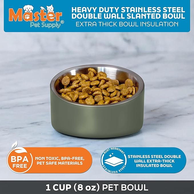 Master Pet Supply Stainless Steel Slanted Dog Cat Food Bowl - 8 oz Heavy Duty - Camo Patrol, Double Wall Insulated, Non-Slip Elevated Bowl for French Bulldogs Pugs Cats, Anti Rust Dishwasher Safe