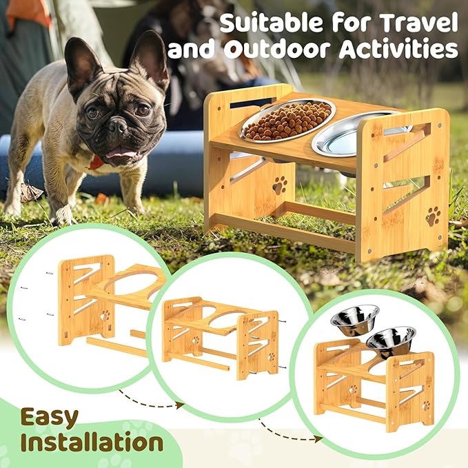 Elevated Dog Bowls, Adjustable Raised Dog Bowl Stand for Medium and Small Pet, 11" High Bamboo Pet Food Feeder with 2 Stainless Steel Dishes（4 Height）
