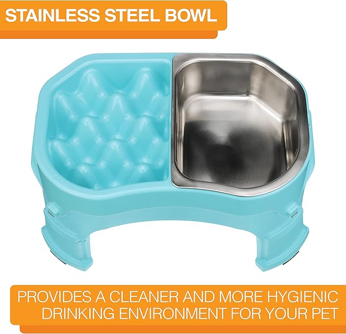 Neater Pet Brands – Neater Raised Slow Feeder Dog Bowl – Elevated and Adjustable Food Height - (Double Diner/w Metal Bowl, Aquamarine)