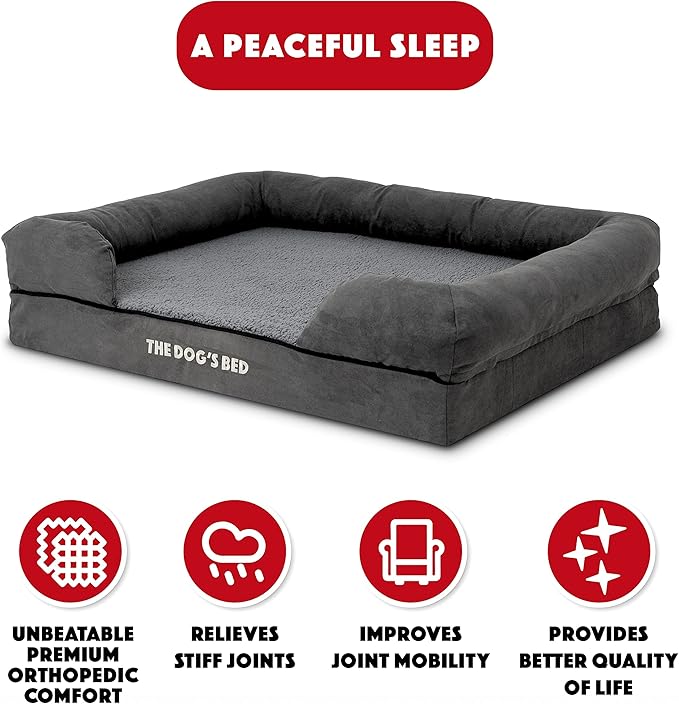 The Dog’s Bed Orthopedic Memory Foam Dog Bed with Bolsters, Plush Fabric, Grey Plush, Large