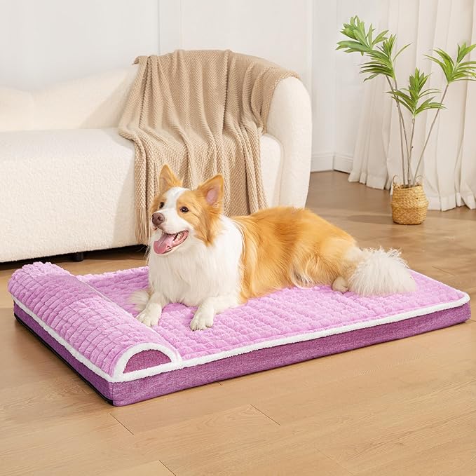 Orthopedic Dog Bed Large Sized Dog with Pillow 36''X24'', Waterproof Soft Comfortable Egg Crate Foam Pet Crate Beds Mat with Removable Washable Cover and Non-Slip Bottom, Lilac