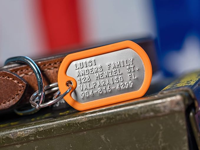 Dog Tags for Dogs, Custom Dog Collar ID Tag Personalized for Pets - Super Tough, Quiet Embossed Military Style Stainless Steel Dog Name tag (Orange)
