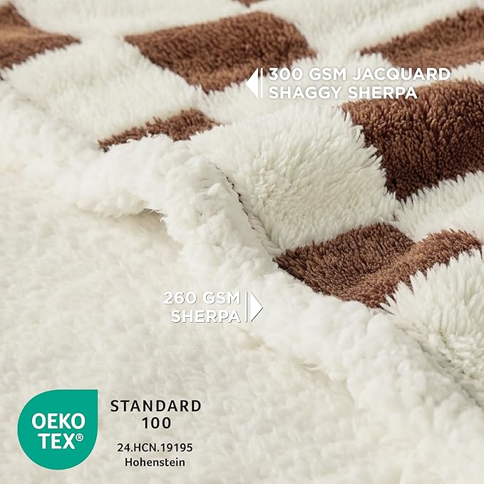 LE SURE Waterproof Dog Blanket for Large Dogs - Washable Double Sided Dog Blankets with Warm Jacquard Shag and Soft Sherpa Fleece, Pet Cat Blanket for Bed Protection, 3D Textured Checks, Brown