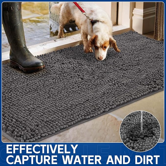 Chenille Absorbent Front Door Mat 60" x 24", Dog Door Mat for Muddy Paws, Dirt Trapper Doormat, Mud Mat for Dogs, Washable Non Slip Outdoor Indoor Doormats for Entryway, Grey