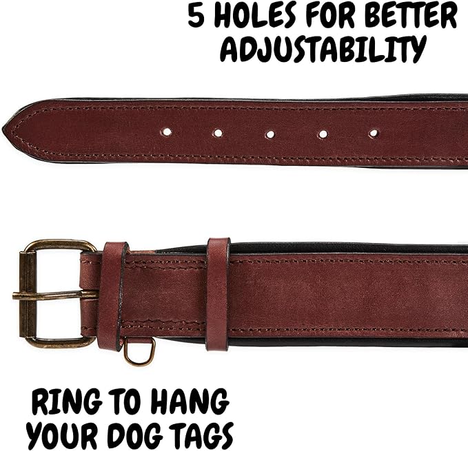 Real Leather Dog Collar Padded Soft Interiors with Premium Vintage Look Handcrafted Heavy Duty with Tag Ring for Small Medium and Large Pets (X-Large (1.75" Wide for 20" - 24" Neck), Oxblood)