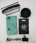 Dog Travel & Outdoor Kit 5-in-1 Black Collapsible Bowl, Rope Toy, Microfiber Bath Towel, Treat Bag & Poop Bag Holder with Bags – Portable, Travel-Ready Dog Walking, Hiking, and Camping.