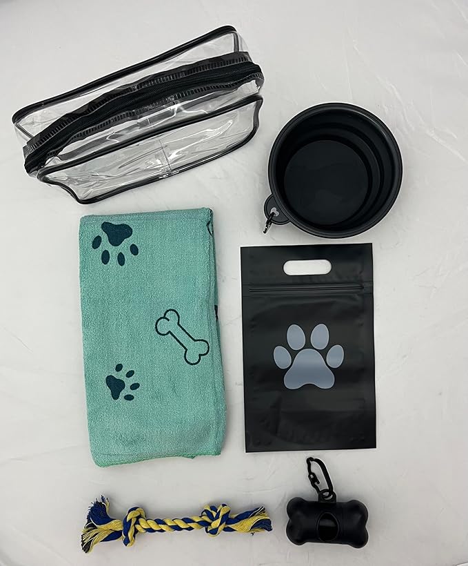 Dog Travel & Outdoor Kit 5-in-1 Black Collapsible Bowl, Rope Toy, Microfiber Bath Towel, Treat Bag & Poop Bag Holder with Bags – Portable, Travel-Ready Dog Walking, Hiking, and Camping.