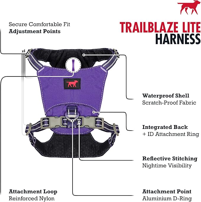 Tuff Pupper All-Day Wear Dog Harness | for Walking, Trail Running, Hiking | Front & Back Leash Clips | Reflective Trim | Easy On/Off Buckles | Lightweight Breathable | No Pull Design (L/XL, Purple)