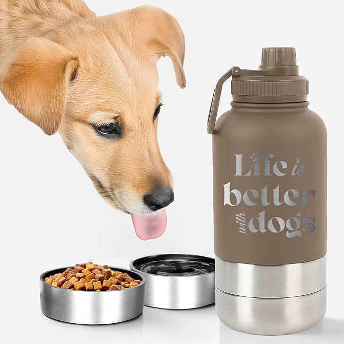 TEEAMORE Life is Better With Dogs Water Tumbler with Bowls Personalized Stainless Steel Travel Bottle Brown