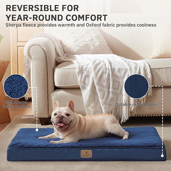 Bedfolks Orthopedic Dog Bed for Large Dogs - Egg Foam Dog Crate Bed with Removable Waterproof Cover, Pet Bed Mat Suitable for Dogs and Pets Up to 50 lbs (35 x 22 x 3 inches, Navy)