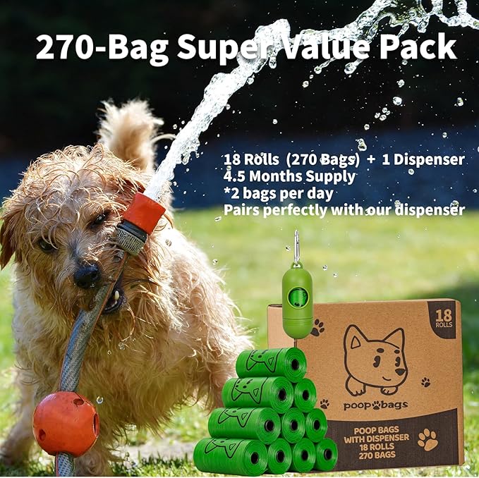 Dog Poop Bags With Dispenser, Strong and Leak-proof Waste Bags for Pets, Floral Scented, 270 Count (18 Packs of 15), 13 Inch x 9 Inch (Green)