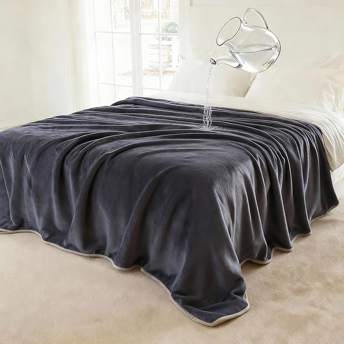 NANPIPER 100% Waterproof Blanket for Bed, Reversible Fleece Love Blanket, Spill-Proof Dog Throw for Camping, Travel, Navy/Light Beige 80x90 inches
