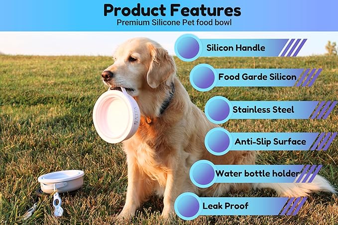 3-in-1 Travel Dog Bowl Set – 30 OZ Stainless Steel + 20 OZ Collapsible Water Bowl Lid | BPA-Free, Anti-Slip, Portable Dog Bowl w/Handle/Water Bottle Holder with Carabiner | Blue Bowls