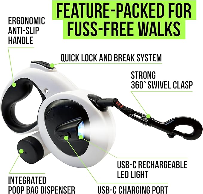 AVANTO Retractable Dog Leash with Flashlight, 16ft Heavy Duty LED Night Safety Leash for Dogs up to 110lbs – 360° Tangle-Free, USB Rechargeable Light, Waste Bag Dispenser, One-Hand Brake & Lock