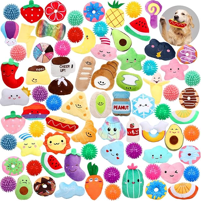 Hungdao 80 Pcs Dog Toys Bulk Squeaky Dog Gifts for Medium Small Puppy Stuffed Plush Chew Ball Toys Small Pet with Squeakers for Puppies Teething(Fashion Style)