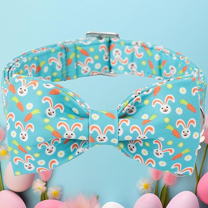 DOGWONG Easter Dog Collar Rabbit Dog Collar with Bow Adjustable Bowtie Blue Bunny Dog Collars for Small Medium Large Dogs