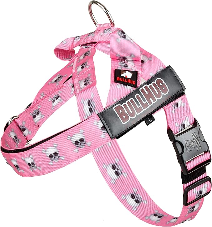 BULLHUG Adjustable Dog Harness– No Pull, No Choke – for English Bulldogs, French Bulldogs, Pugs & Broad-Chested Breeds – Easy, Safe Walks (Pink Skull, Small)