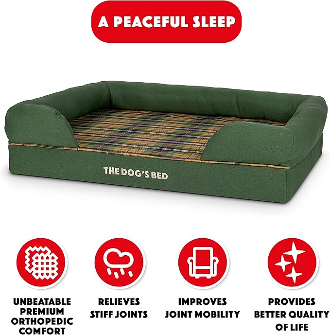 The Dog’s Bed Orthopedic Memory Foam Dog Bed with Bolsters, Oxford Fabric, Green Tartan, Large