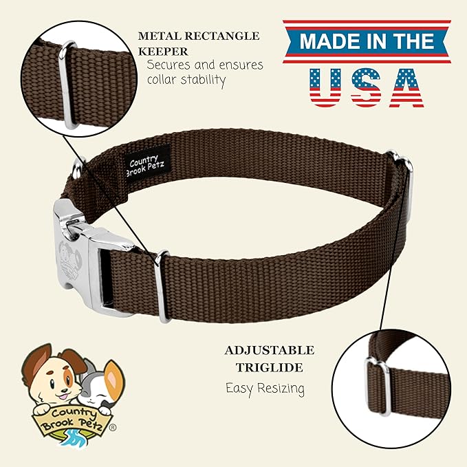 Country Brook Petz - Premium Nylon Dog Collar with Metal Buckle for Small Medium Large Breeds - 10+ Warm Colors (Small, 3/4 Inch, Brown)