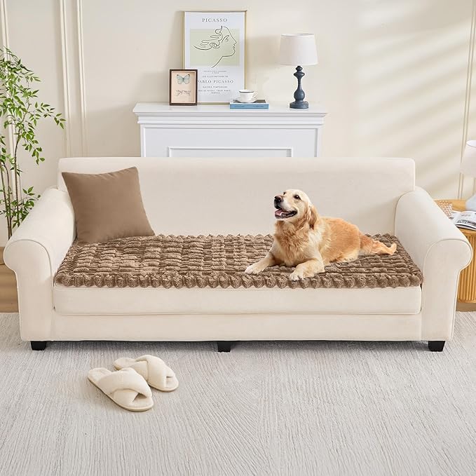 Couch Cover for Dogs, Non Slip Fuzzy Pet Couch Covers for Sofa,Pet Friendly Dog Mat for Couches and Sofas,Thick Soft Sofa Slipcovers Cushion Protector(Leather Color, 28" x 83"/70 x 210cm)