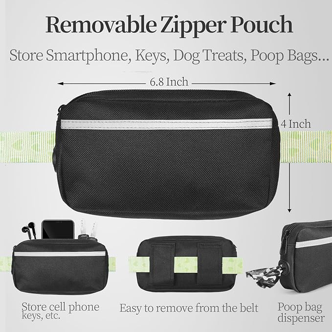 iYoShop Hands Free Dog Leash with Zipper Pouch, Dual Padded Handles and Durable Bungee for Walking, Jogging and Running Your Dog (Green Heart, Large)