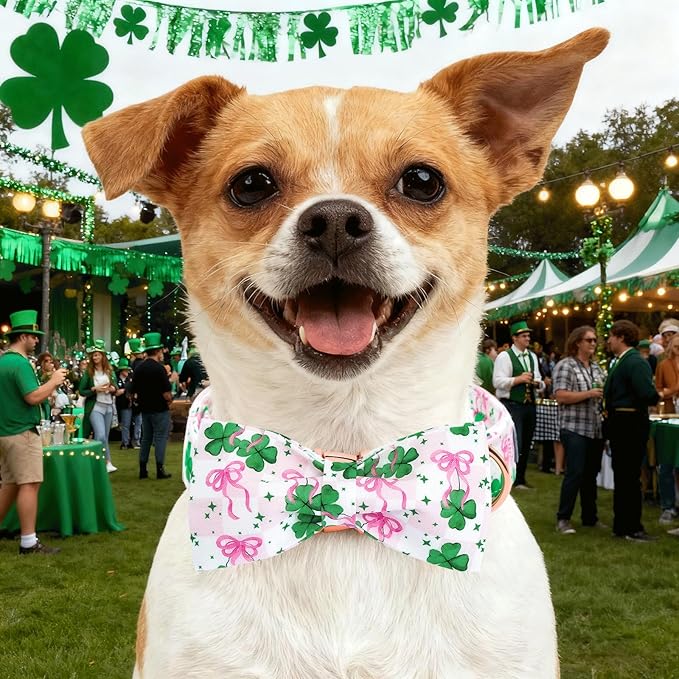 Elegant little tail St Patrick's Dog Collar - Green Lucky Clover Cotton Shamrock Pet Collar Bowtie Cute Pink Collars with Bow Adjustable Pet Collars for Small Dogs