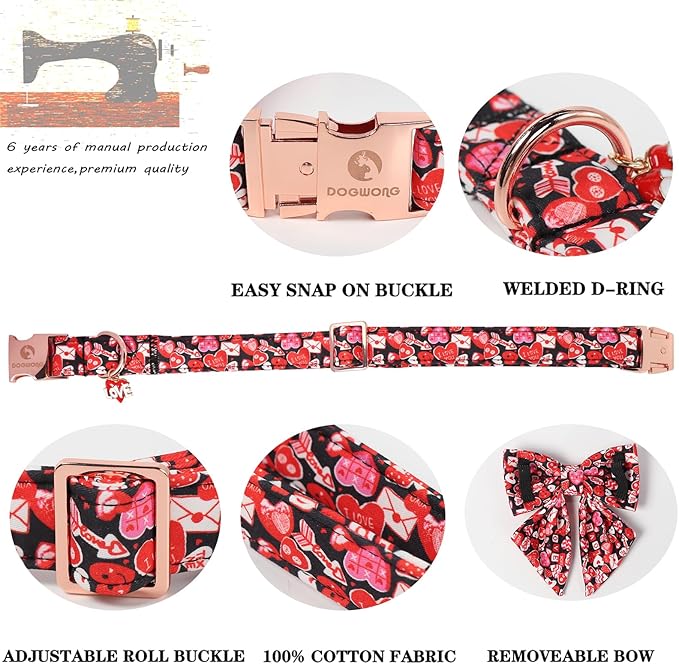 DOGWONG Valentine's Day Dog Collar-Cute Red Heart Dog Collar with Sailor Bowtie, Comfortable Girl Dog Collars with Metal Buckle,S